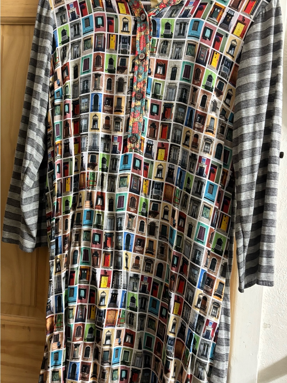 Uncle Frank Multicolor Door-Print Long Sleeve Tunic with Gray Stripes
